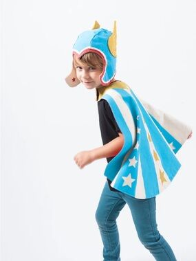 3 piece Whimsy SuperHero Set blue,
Red, white- shield, cape, helmet- reverses